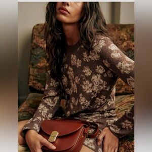 Sezane Charles Jumper Jacquard Flowers On Brown Background - Size L 40 EUC